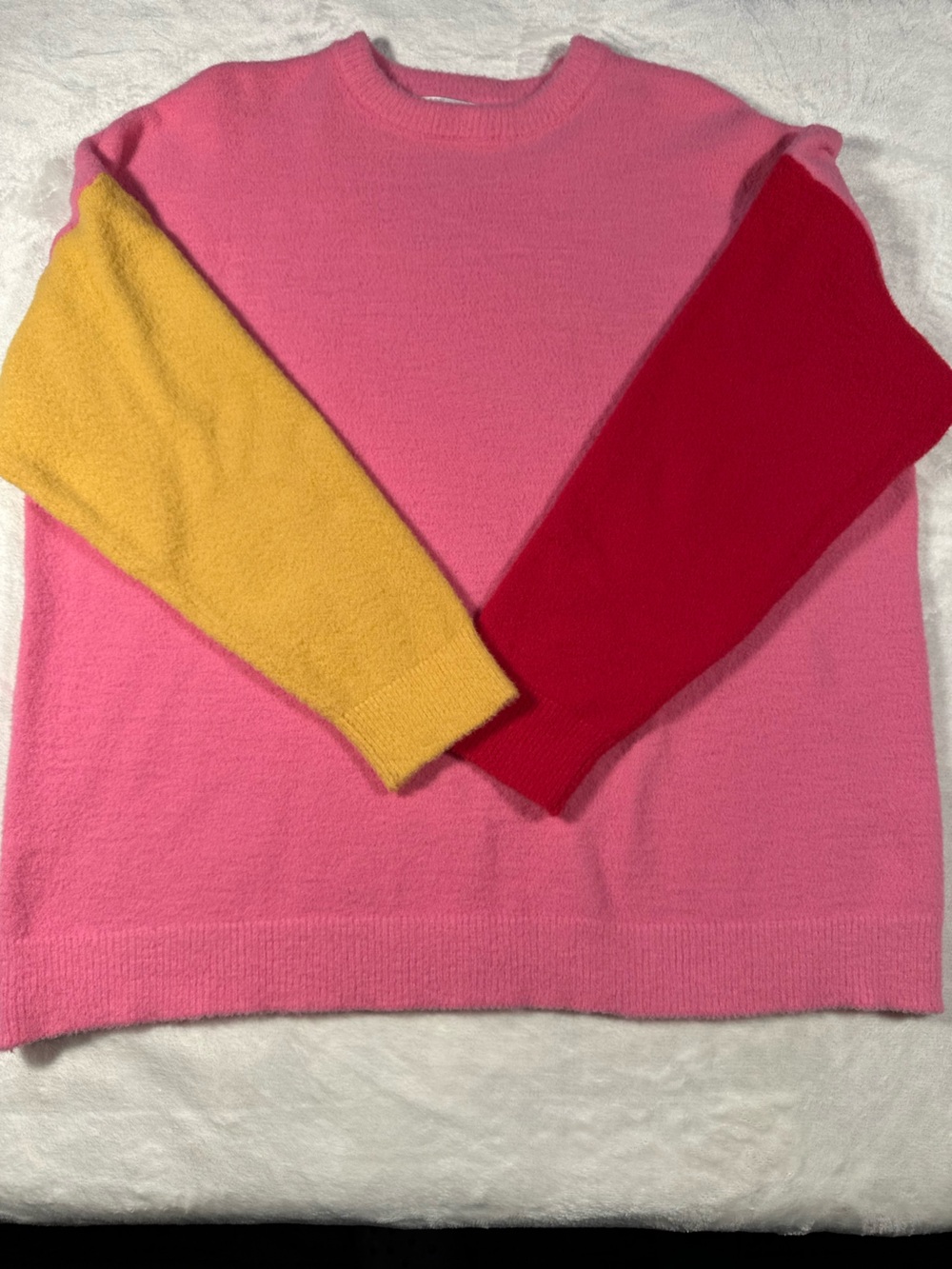 Moa Moa Pink Crewneck Sweater with Red and Yellow Sleeves